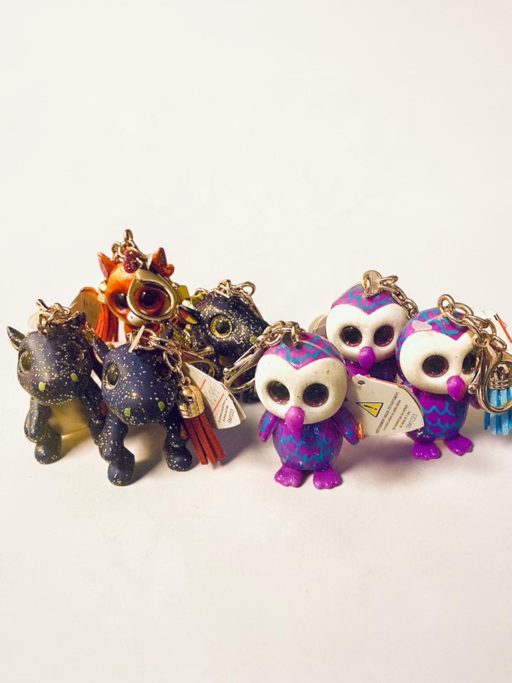 Lot of 7 Ty Colorful Owl & Dragon Keychains.  NWT - party favours,gifts,resale